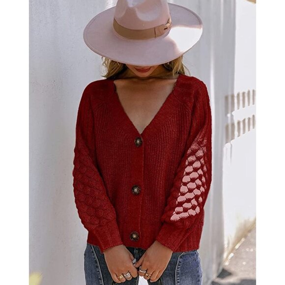 Red Chunky Cable Knit Button Down Oversized Long‎ Sleeve Sweater Cardigan Top - Picture 1 of 5
